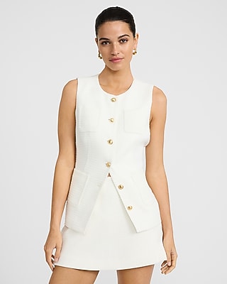 Express Women's Tweed Crew Neck Novelty Button Long Blazer Vest in White Small
