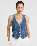 Express Women's Dark Wash Denim V-Neck Cutaway Vest in Blue Small