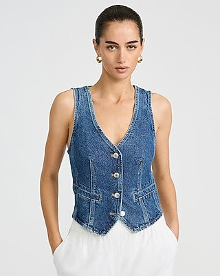 Express Women's Denim V-Neck Cutaway Vest in Dark Wash