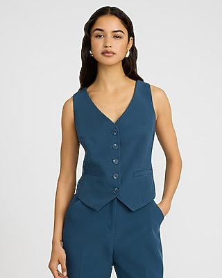 Express Women's Editor Signature Stretch Five Button Blazer Vest in Navy Teal