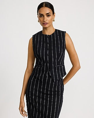 Express Women's Linen-Blend Striped Crew Neck Cutaway Blazer Vest Small