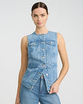 Express Women's Denim Crew Neck Cutaway Blazer Vest in Blue Small