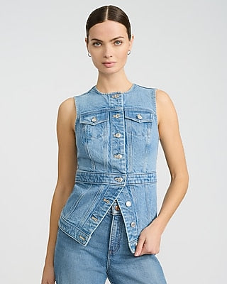 Express Women's Denim Crew Neck Cutaway Blazer Vest in Light Wash