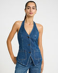 Express Women's Denim Halter V-Neck Cutaway Blazer Vest in Blue Small