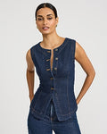 Express Women's Denim Crew Neck Cutaway Blazer Vest in Dark Wash