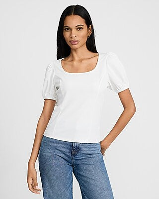 Express Women's Crepe Scoop Neck Puff Sleeve T-Shirt in White Small