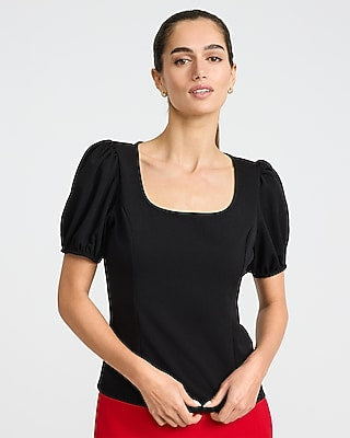 Express Women's Crepe Scoop Neck Puff Sleeve T-Shirt in Pitch Black