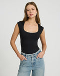 Express Women's Body Contour High Compression Scoop Neck Cap Sleeve Bodysuit in Black Small