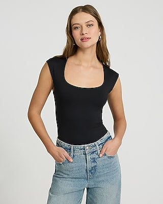 Express Women's Body Contour High Compression Scoop Neck Cap Sleeve Bodysuit in Black Small