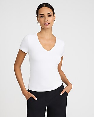 Express Women's Supersoft Fitted V-Neck Double Layer T-Shirt in White Small