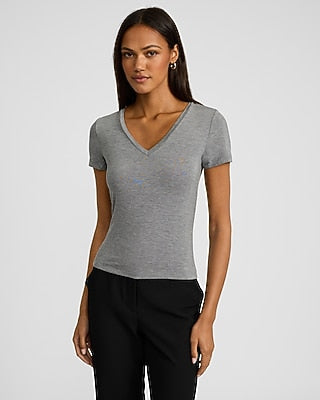 Express Women's Supersoft Fitted V-Neck Double Layer T-Shirt in Gray Small