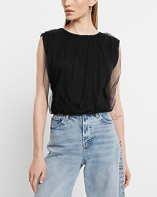 Express Women's Skimming Tulle Padded Shoulder Tank Top in Black Small