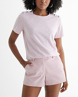 Express Women's Skimming Novelty Button Crew Neck T-Shirt in Pink Small