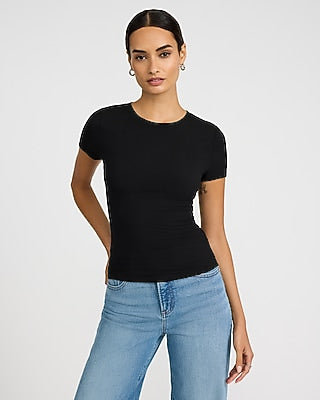 Express Women's Essential Fitted Ribbed Crew Neck Short Sleeve T-Shirt in Black Small
