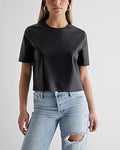 Express Women's Skimming Faux Leather Crew Neck Boxy T-Shirt in Pitch Black