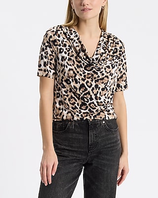 Express Women's Leopard Cowl Neck Short Sleeve T-Shirt in Neutral Print