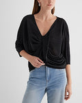 Express Women's Skimming V-Neck Pleated Twist Front Draped T-Shirt in Pitch Black