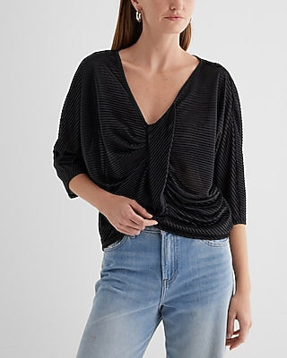 Express Women's Skimming V-Neck Pleated Twist Front Draped T-Shirt in Pitch Black
