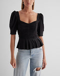 Express Women's Puff Sleeve Ruched Peplum Top in Pitch Black