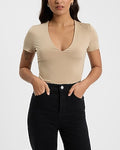 Express Women's Body Contour Compression V-Neck Short Sleeve Bodysuit in Beige