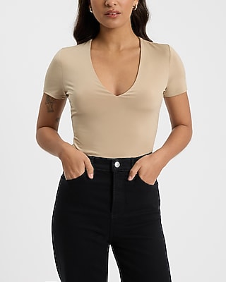 Express Women's Body Contour Compression V-Neck Short Sleeve Bodysuit in Beige