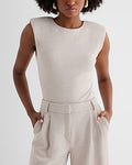 Express Women's Body Contour Luxe Lounge Padded Shoulder Bodysuit in Sandy Beige
