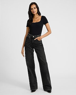 Express Women's Body Contour Light Compression Stretch Cotton Square Neck Bodysuit in Black Small