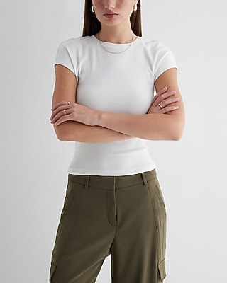 Express Women's Fitted Ribbed Crew Neck Cap Sleeve T-Shirt in White