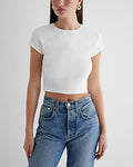 Express Women's Fitted Ribbed Crew Neck Cap Sleeve Crop Top in White