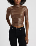 Express Women's Shine Ribbed Mock Neck Elbow Sleeve T-Shirt in Hickory Brown
