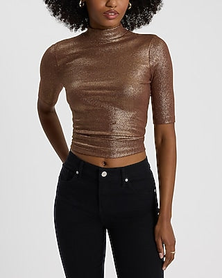 Express Women's Shine Ribbed Mock Neck Elbow Sleeve T-Shirt in Hickory Brown