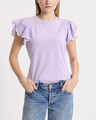 Express Women's Flutter Sleeve Crew Neck T-Shirt in Purple Small