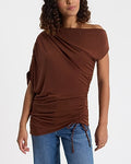 Express Women's Off The Shoulder Short Sleeve Asymmetrical Ruched T-Shirt in Hickory Brown