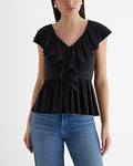 Express Women's V-Neck Ruffle Peplum Top in Pitch Black
