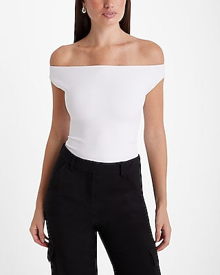 Express Women's Body Contour High Compression Off The Shoulder Bodysuit in White Small