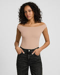 Express Women's Body Contour High Compression Off The Shoulder Bodysuit in Beige