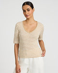 Express Women's Textured Striped Ribbed V-Neck Elbow Sleeve T-Shirt in Neutral Small