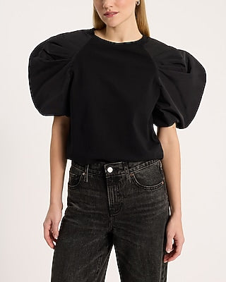Express Women's Crew Neck Taffeta Puff Sleeve T-Shirt in Pitch Black