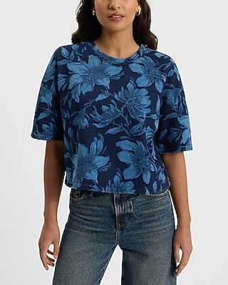 Express Women's Printed Short Sleeve Sweatshirt Tee in Blue Print