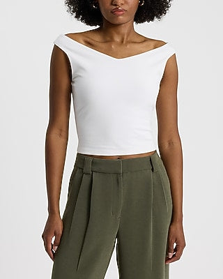Express Women's Body Contour Stretch Cotton Off The Shoulder Crop Top in White