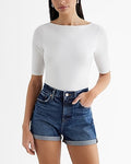 Express Women's Supersoft Fitted Boat Neck Elbow Sleeve T-Shirt in White