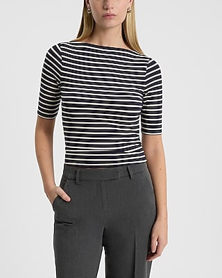 Express Women's Striped Fitted Boat Neck Elbow Sleeve T-Shirt in Navy Stripe