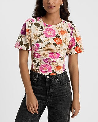 Express Women's Floral Puff Sleeve Corset Crop Top in Neutral Print