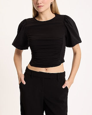 Express Women's Puff Sleeve Corset Crop Top in Pitch Black