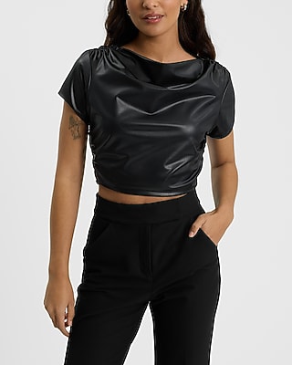 Express Women's Faux Leather Short Sleeve Ruched Crop Top in Pitch Black