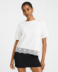 Express Women's Crew Neck Lace Trim Boyfriend T-Shirt in White