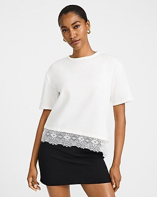 Express Women's Crew Neck Lace Trim Boyfriend T-Shirt in White