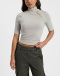 Express Women's Body Contour Stretch Cotton Zip Mock Neck Elbow Sleeve T-Shirt in Sterling Silver