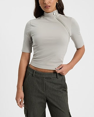 Express Women's Body Contour Stretch Cotton Zip Mock Neck Elbow Sleeve T-Shirt in Sterling Silver