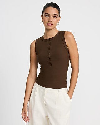 Express Women's Ribbed Crew Neck Button Front Knit Tank Top in Chocolate Truffle